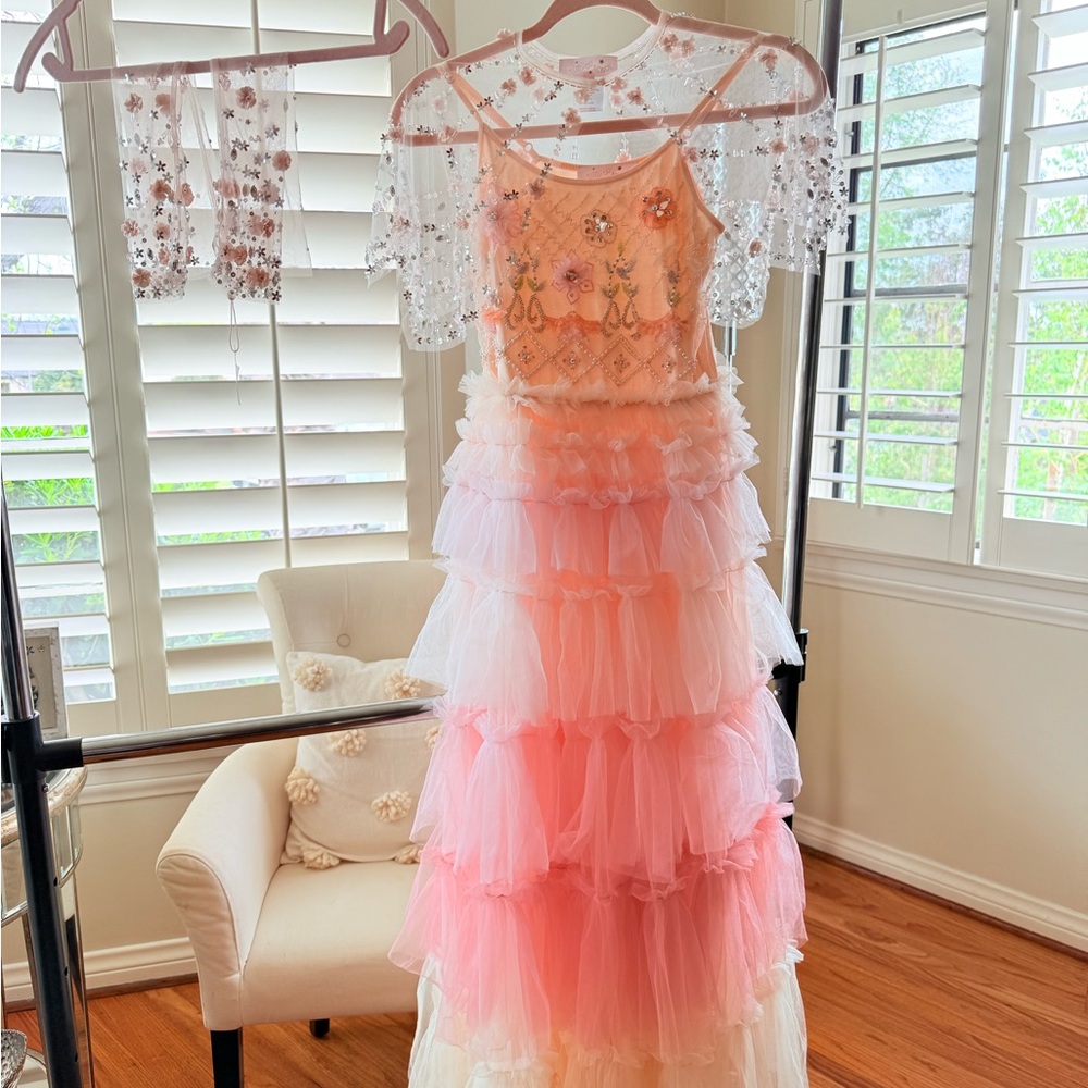 Pink Layered Kids Dress, Sheer Cape and Tulle Gloves.